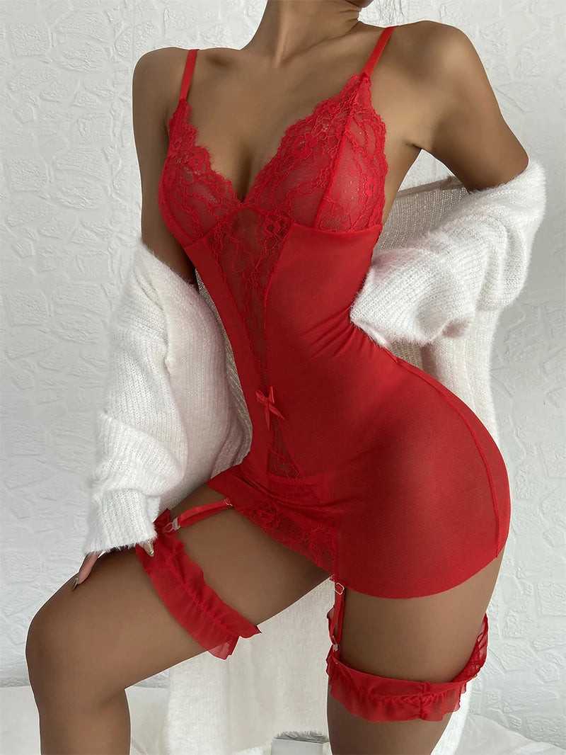 Erotic Lingerie For Women Sexy Costume Garter + Thong Set Lace Mesh Nightie Deep V Suspenders Baby Doll Dress Porn Underwear Set