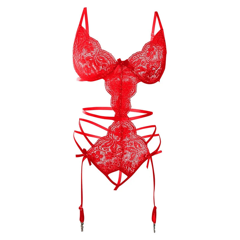 Erotic Lingerie For Women Sexy Costume Garter + Thong Set Lace Mesh Nightie Deep V Suspenders Baby Doll Dress Porn Underwear Set