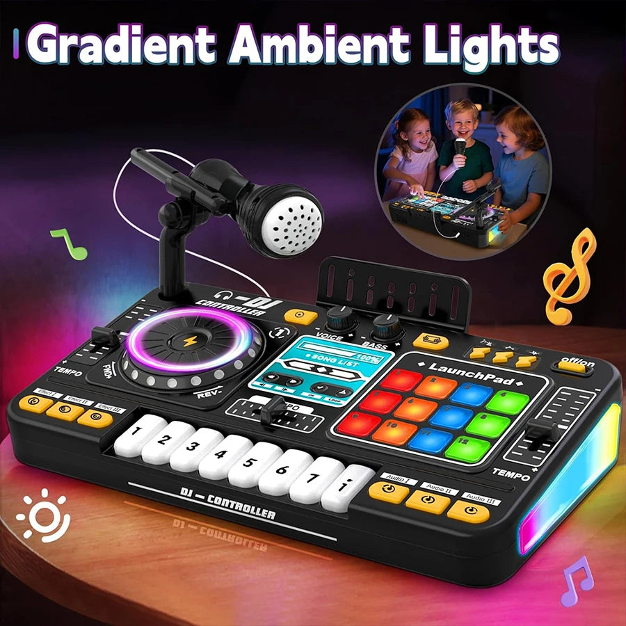 DJ Mixer for Kids, Toddler DJ Mixing Table with DJ Turntable, Game Mode, Light & Speed Control and Microphone, Gifts for 3 4 5 6