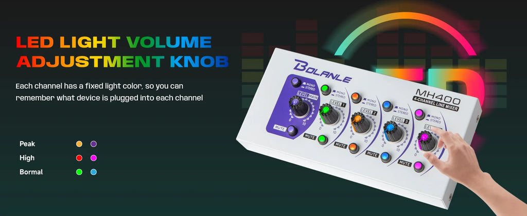 Bolanle Ultra Low-Noise 4-Channel Line Mixer Equipped with stereo mono switching and  mute function RGB lighting effect