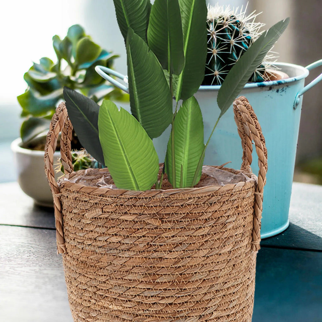 1Pcs Braided Seagrass Flowerpot 25Cm Vintage Style Planter with Plastic Liner Ideal for Artificial Plants and Desktop Storage