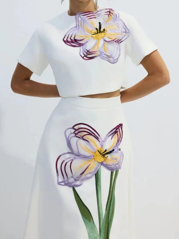 2026 Spring Fashion Women's Floral Printed Dress Sets Short Sleeves Cropped T-shirt & High Waist Pleated Skirt Casual Skirt Set