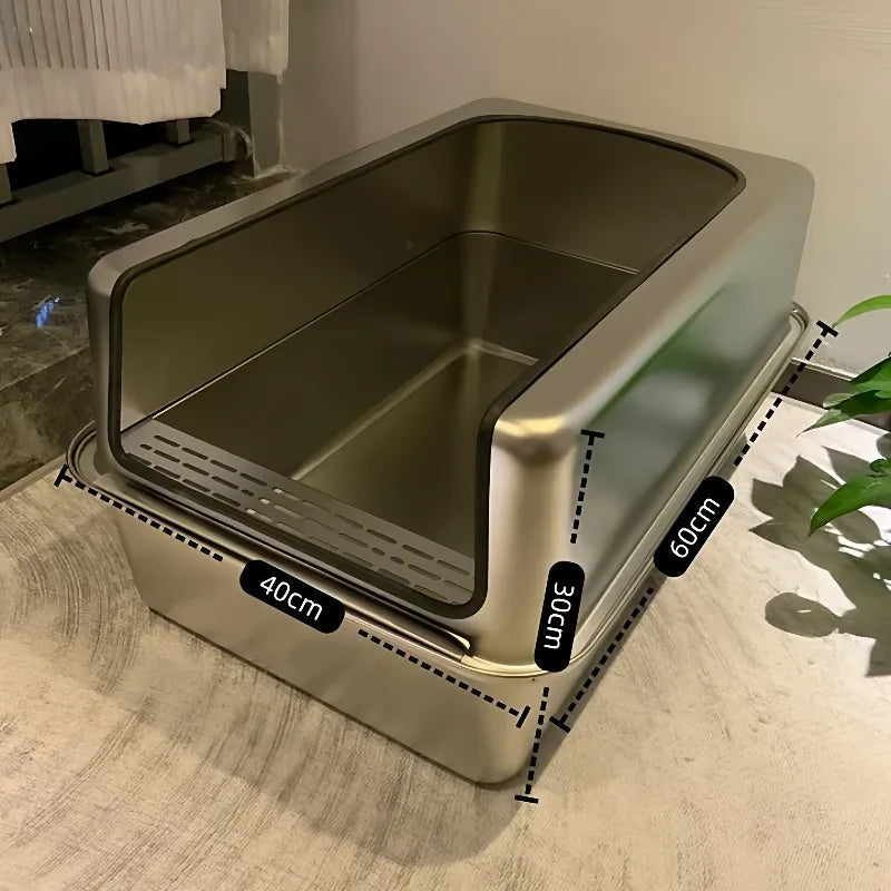 Extra-Large 60cm Cat Litter Box Stainless Steel Cat Poop Tray Raised Fence Cat Toilet Odor-Proof Anti-Splash Pet Litter Box