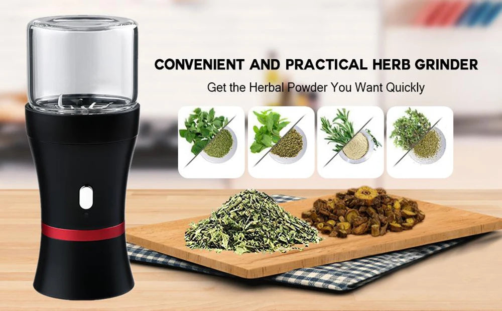 Electric Herb Grinder Compact Size Updated 6 Blades with 50ml Glass Herb Jars USB-Rechargeable Automatic Electric Grinder