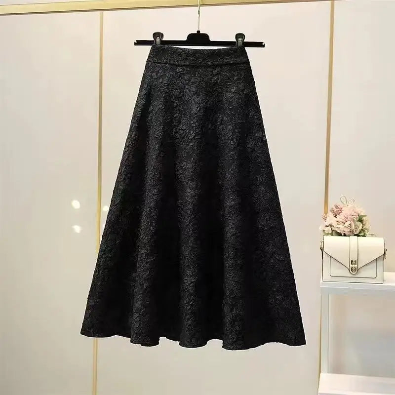 2024 New Spring and Autumn Vintage Fashion Minimalist Elegant Versatile Solid Color Printed Pleated Women's High Waist Skirt