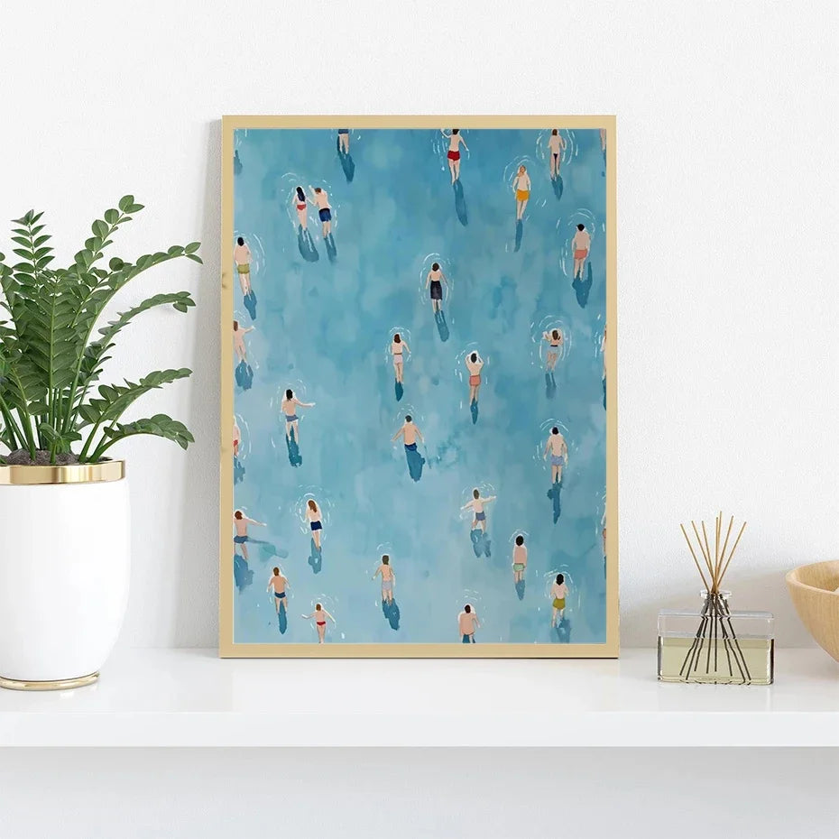 Canvas Painting Decoration Minimalist Abstract Surrealism Light Green Seawater Swimming Art Living Room Bedroom Home Decoration