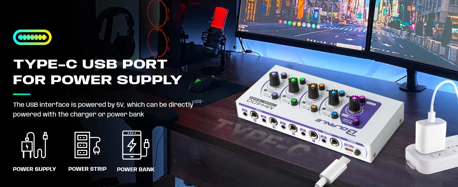Bolanle Ultra Low-Noise 4-Channel Line Mixer Equipped with stereo mono switching and  mute function RGB lighting effect