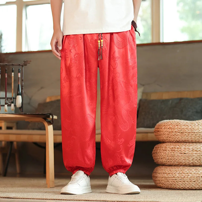 2026 Men's Chinese Style Pants Summer Ice Silk Casual Trousers Vintage Dragon Print High Quality Loose Wide Leg Harem Pants Male