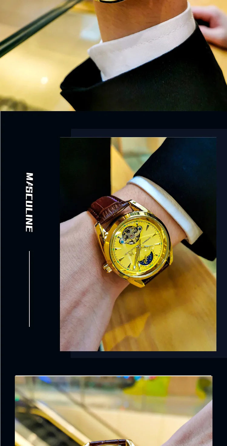 AOKULASIC Luxury Mens Automatic Mechanical Watch Moon Phase Stars Tourbillon Luminous Waterproof Fashion Wristwatch