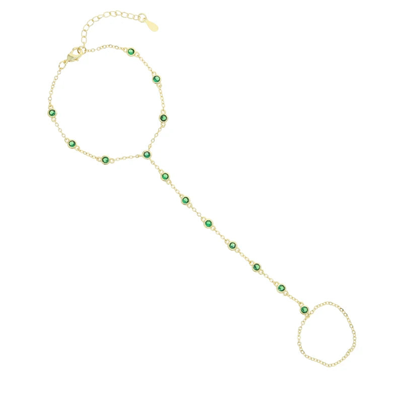 2023 Summer Jewelry Pendant Link Chain Ring Bracelet for Women White Green Blue Stone CZ Gold Plated Adjust Bracelet Accessories