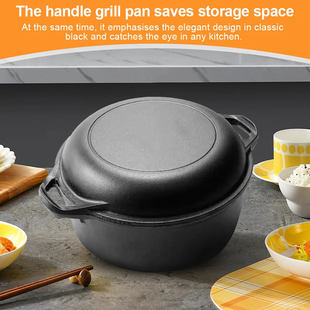 2 in 1 Cast Iron Dutch Oven with Skillet Lid Skillet Cookware Pan Set with Dual Handles for Bread Frying Baking