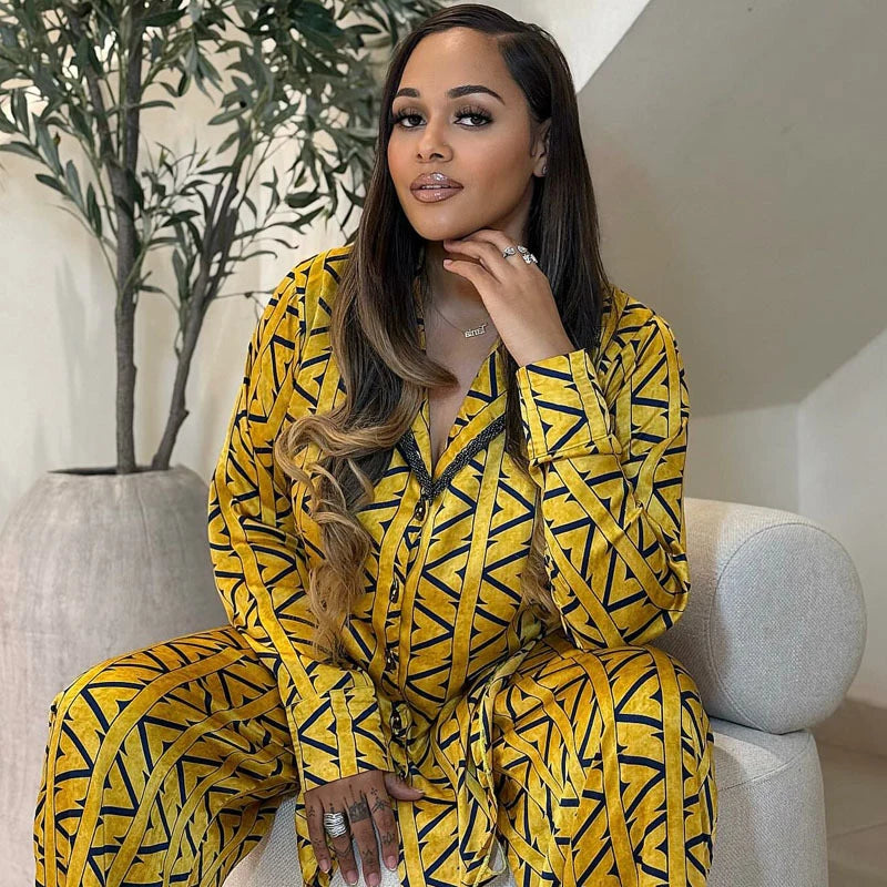 African Fashion Women Two Piece Set Printed Loose Long Sleeve Turn Down Collar Shirt and Long Pants Set Streetwear