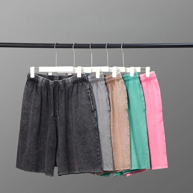 2026 New Distressed Summer Shorts Men 320G Heavy Cotton Drawstring Harajuku Loose Sweatshorts Male Casual Short Pant Streetwear