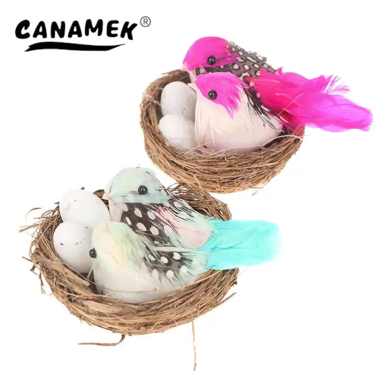1 Set Artificial Feathered Birds & Nest & Egg Creative Craft Birds Sculpture Art Decoration Home Garden