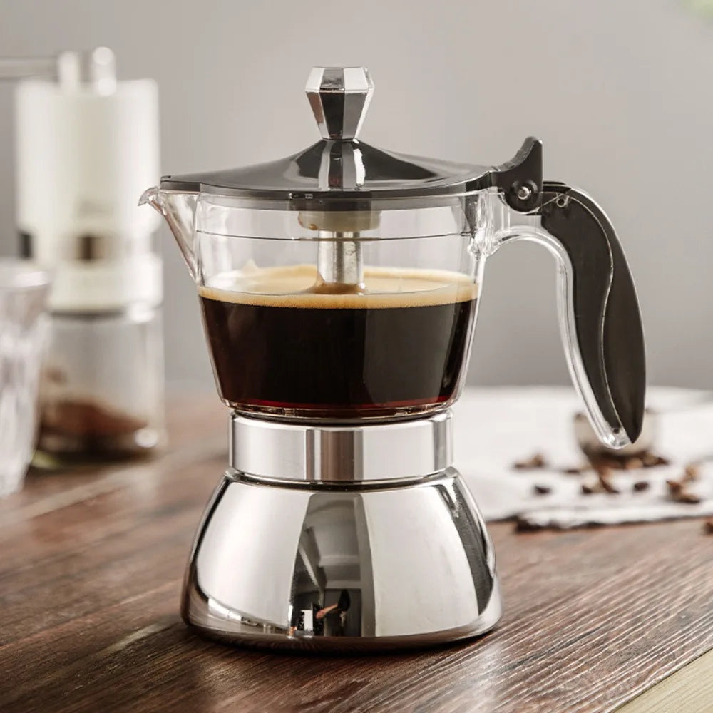 4/6 Cups Visible Moka Pot Transparent Pot Body Stainless Steel Coffee Maker Pot Universal Espresso Italian Coffee Machine