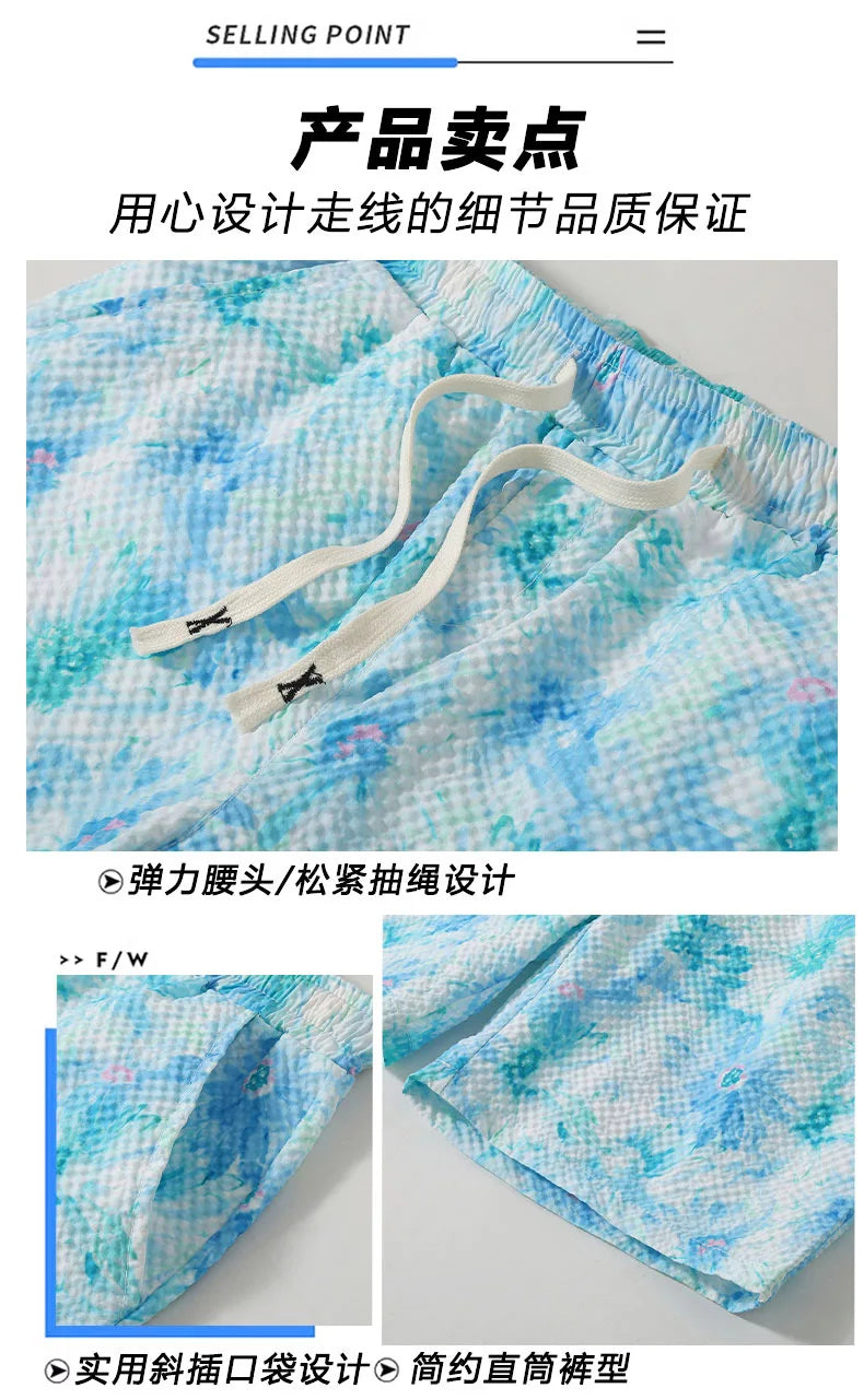 Casual Seersucker Texture Shorts Quick-Dry Breathable Straight Elastic Waist Printing Street Vacation Shorts Loose Fit Shorts