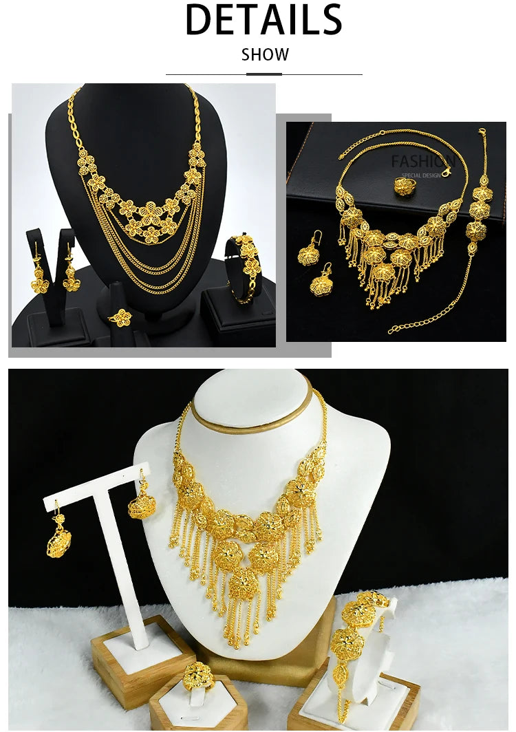 Ethiopian Tassel 24k Gold Plated Jewelry Sets For Women Arabic Wedding Indian Bridal Dubai Necklace And Earring Set Party Gifts