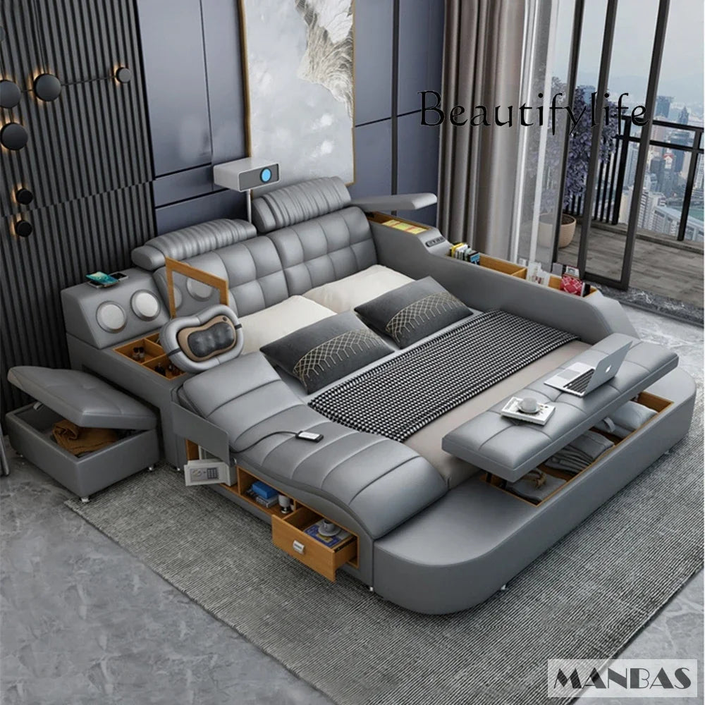 D MANBAS Tech Smart Genuine Leather Bed | Multifunctional Ultimate Beds | Massage Tatami Bed With Projecter | Upholstered Cama