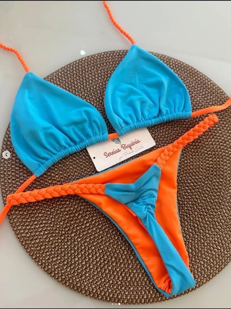 2026 New Bikinis Women Swimsuit Sexy Swimwear Halter Bikini Set Lace-up Biquine Brasileiro Thong Print Beachwear Party Wear