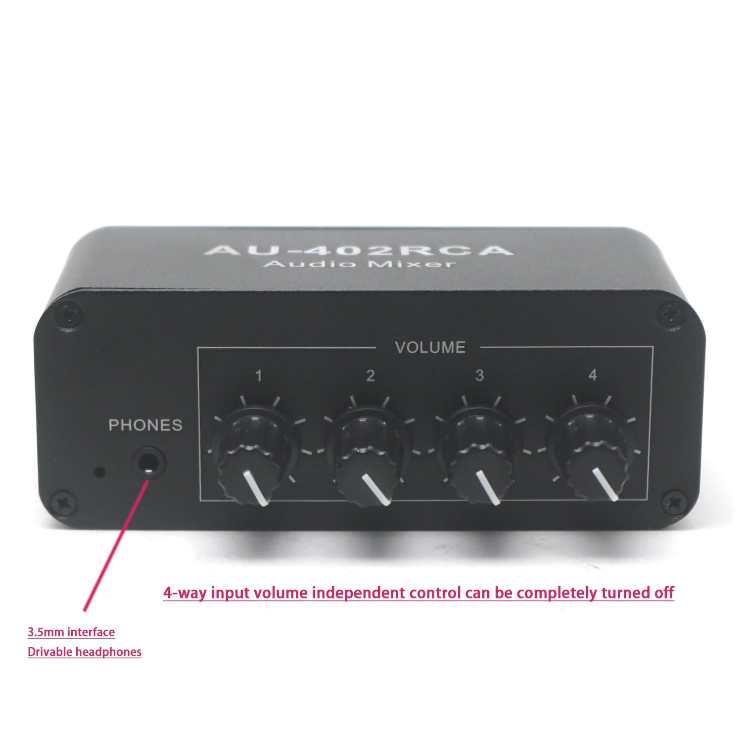 4-in/2-out Stereo Audio Mixer - RCA 3.5mm Inputs Auto-Mixing No Switching Required Volume Control Drive Headphone Amplifier