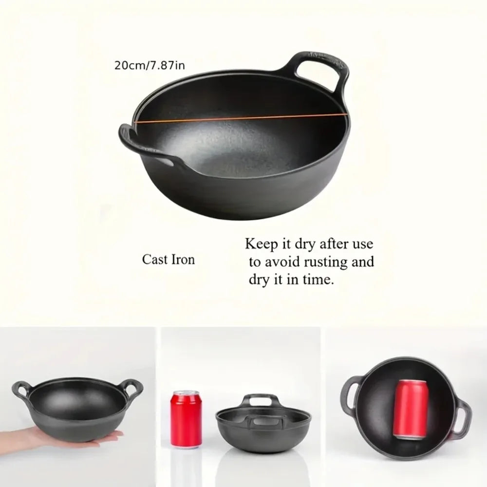 Cast Iron Skillet with Handles Durable Grilling Wok Nonstick Cooking Pot for Home Outdoor Grilling Camping Kitchen Cookware