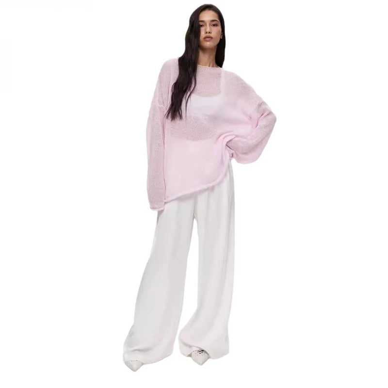 2025New Spring and Autumn Hollow Out Sweater for Women European and American StyleinsSoft and Loose Knitted Long Sleeve Cover-Up