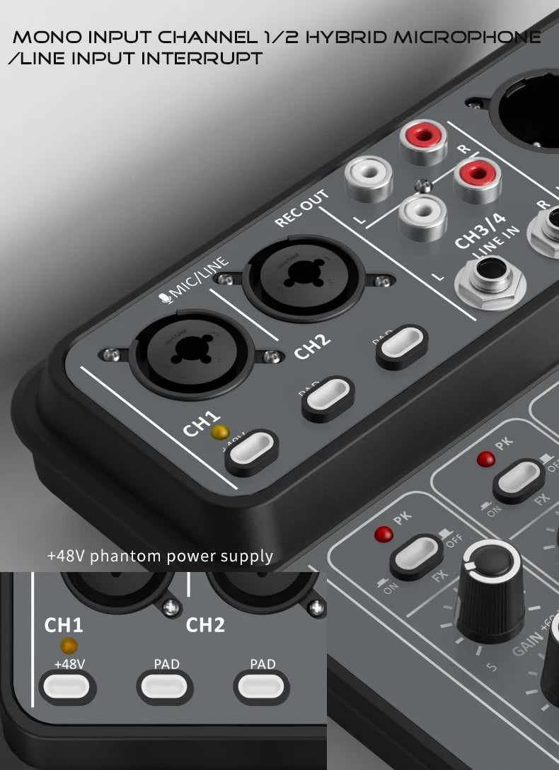 4 Channel Audio Mixer 48V Phantom Power USB Studio Sound Mixers Bluetooth DJ Console Mixing for Karaok