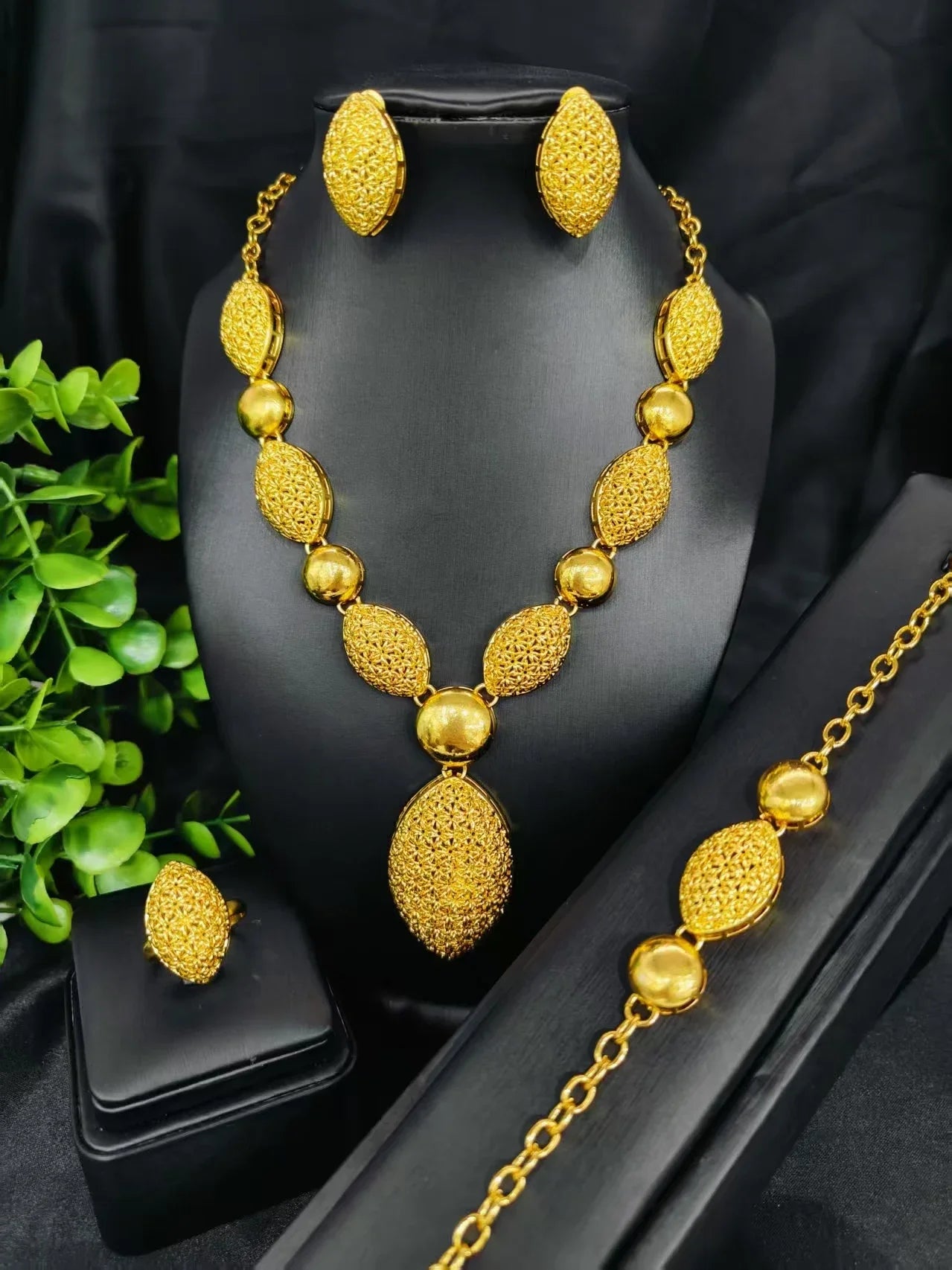 Ethiopian  Necklace Earrings Bangle Ring Jewelry Set For Women 24K Gold Plated Dubai Indian African Bridal Wedding Party Jewelle