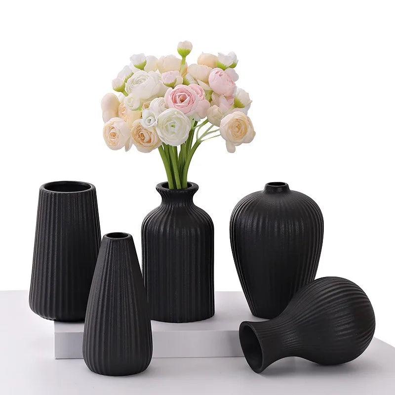 1PC Black Ceramic Vase Flower Ceramic  for Flowers Small Vase for Office and Living Room Home Decoration Ceramic Vase jarrones