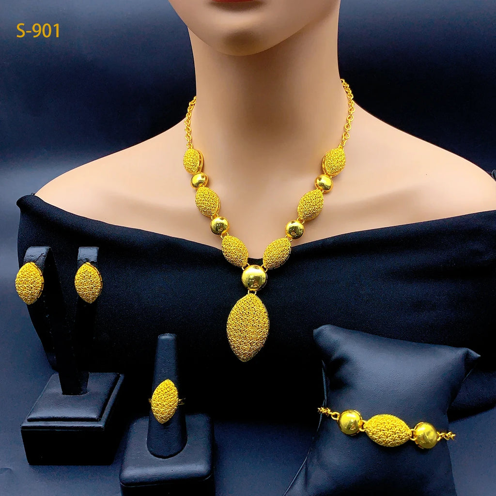 Ethiopian 24k Gold Plated Jewelry Sets for Women Costume Dubai Bridal Round Necklace Earrings Sets Nigerian Wedding Gifts