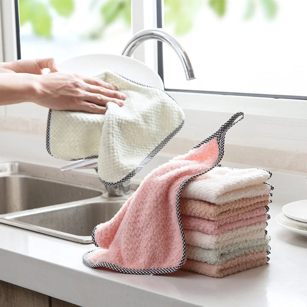 5pcs Soft Reusable Dish Towels, 9.8x9.8in Coral Fleece Cleaning Rags, Household Absorbent Non-shedding Dishwashing Cloth, Double