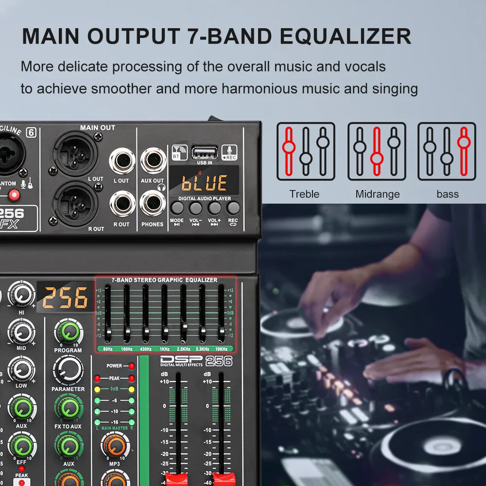 BOMGE 4/6 Channel 256DSP Audio Mixer USB Bluetooth/catu daya 48V independen/cocok untuk studio, panggung DJ, pesta