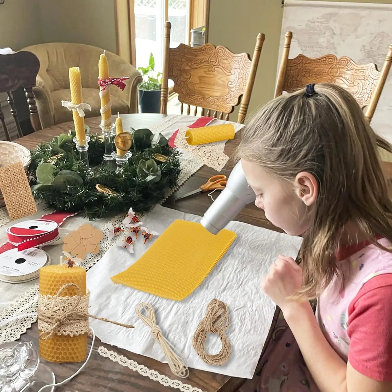 Beeswax DIY Candle Making Kit Candle Making Supplies 8in Beewax Sheets with Cotton Wick Bee Ornaments Lace Ribbon and Hemp Rope