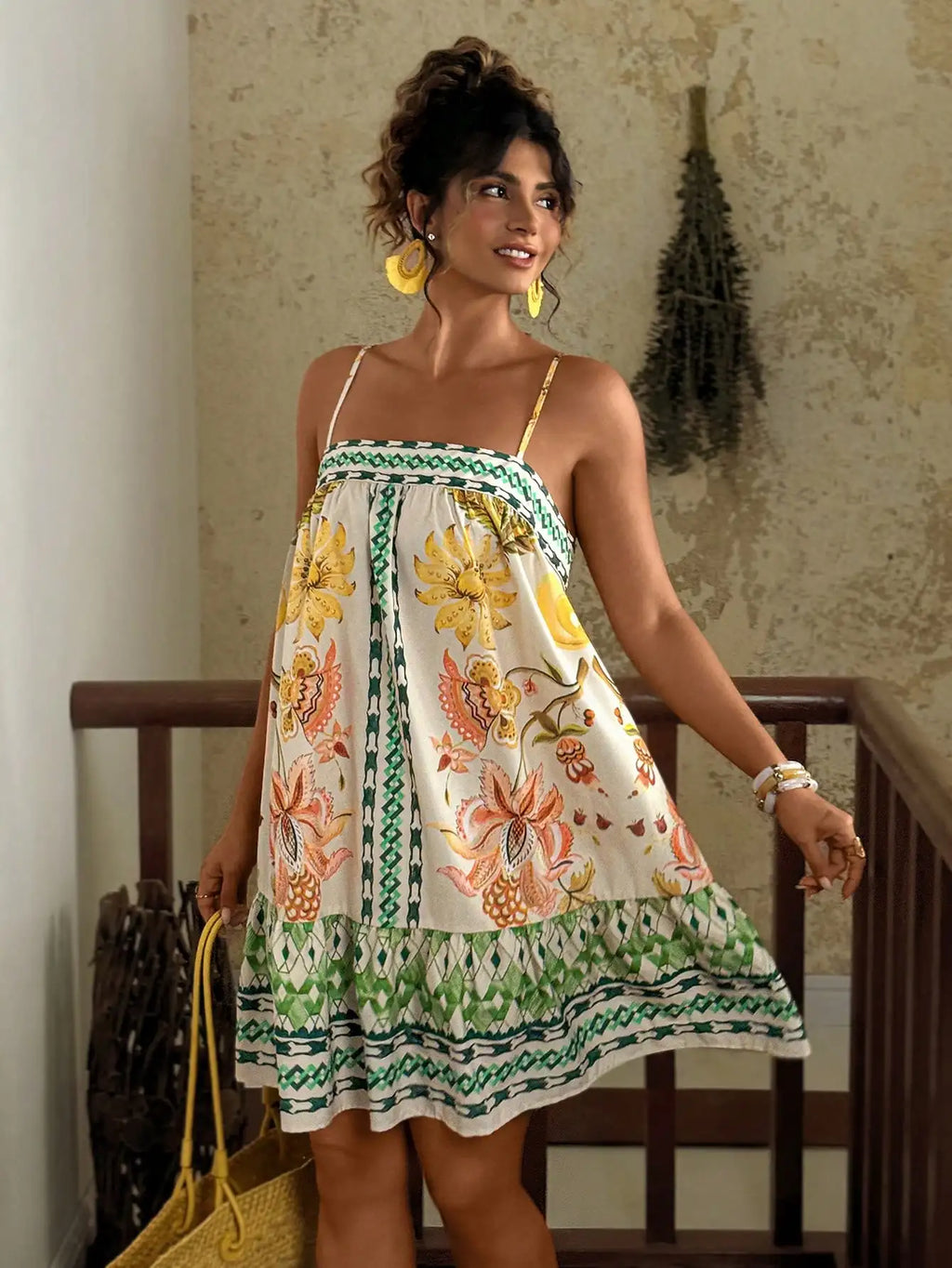 Boho Floral Print Plus Size Sundress with Green Geometric Trim, Summer Vacation Dress