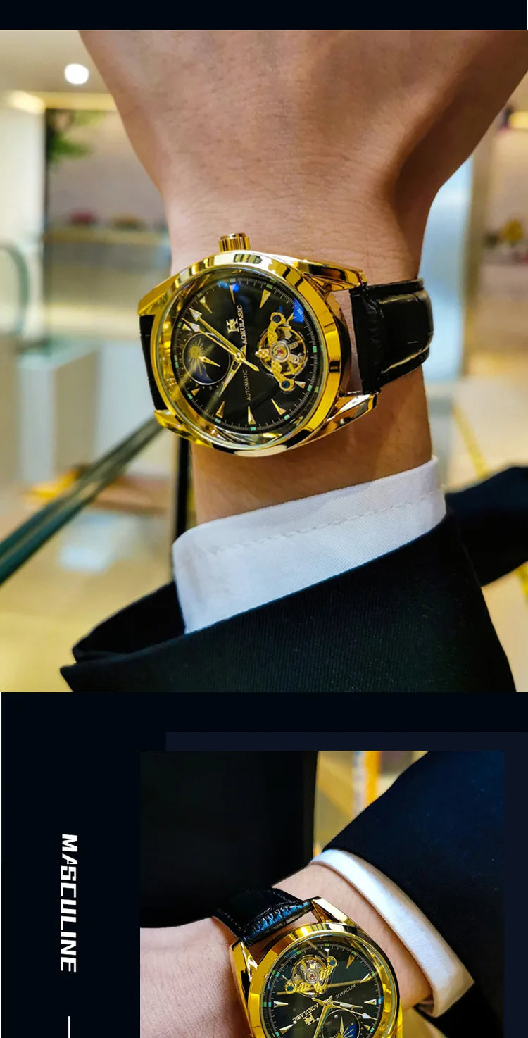 AOKULASIC Luxury Mens Automatic Mechanical Watch Moon Phase Stars Tourbillon Luminous Waterproof Fashion Wristwatch