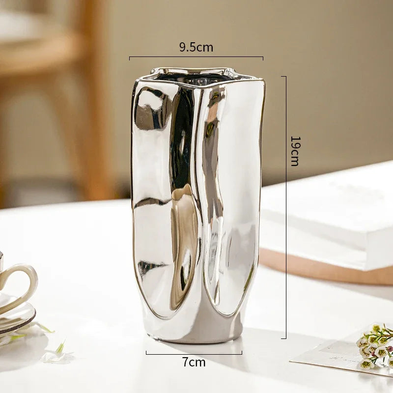 Ceramic Vase Flower Luxury Electroplated Silver Arrangement Irregular Porcelain Hydroponic Vase Ornament Interior Art Decoration