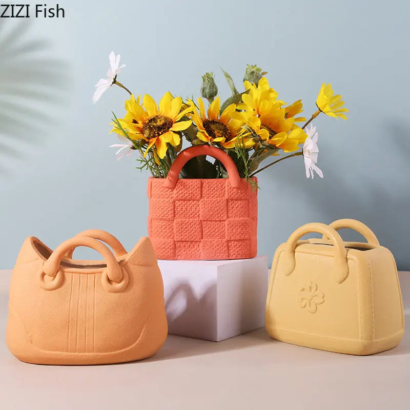 Creative Woven Handbag Vase Ceramic Flower Pots Decorative Flower Arrangement Desk Decoration Ornaments Crafts Floral Vases