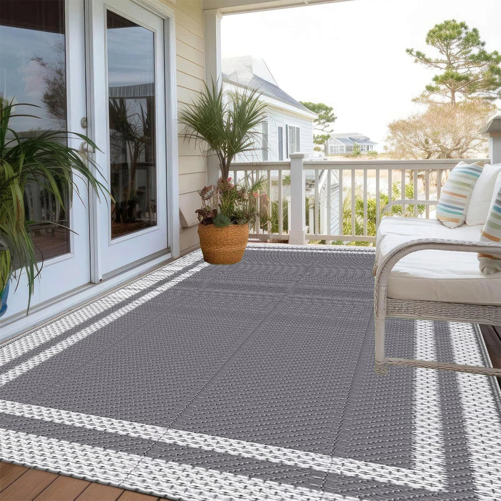 6' x 9' Outdoor Mat with Ground Pegs - Durable PP Material, Gray and White Grid Pattern, Perfect for Patio, Camping and Outdoor
