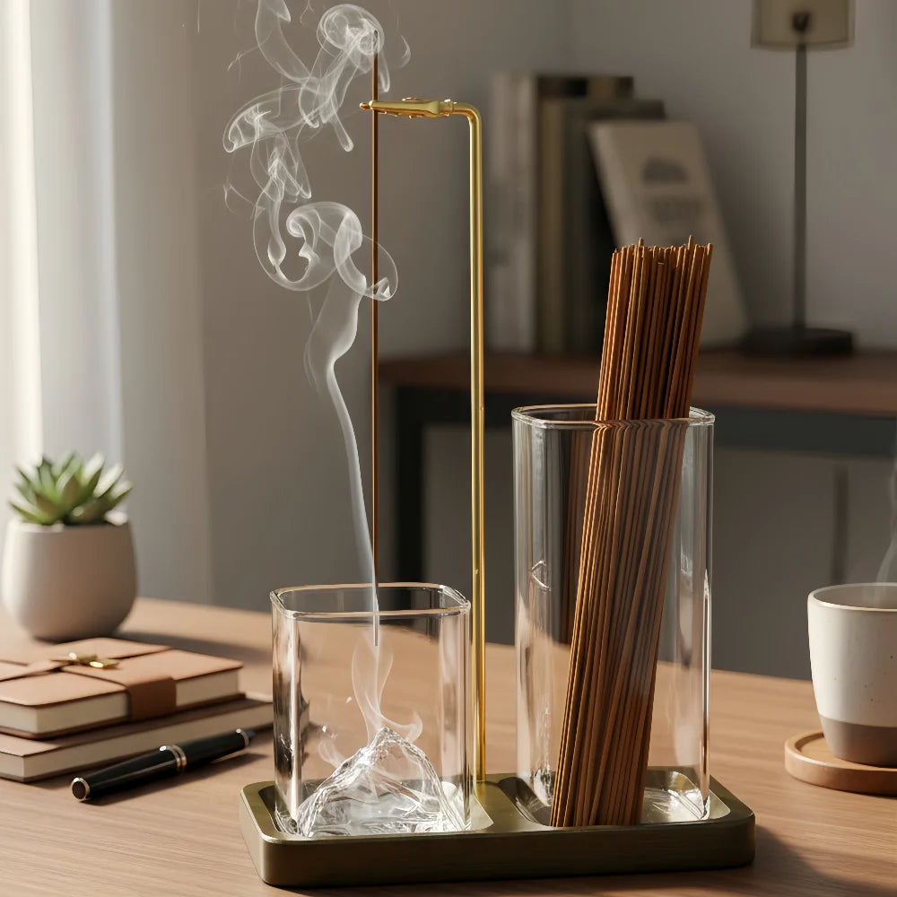 2 in 1 Fragrance Rack Anti-ash Aromatherapy Stove, Removable 3D Volcanic Glass Ash Tray with Walnut Base (suitable for Incense)