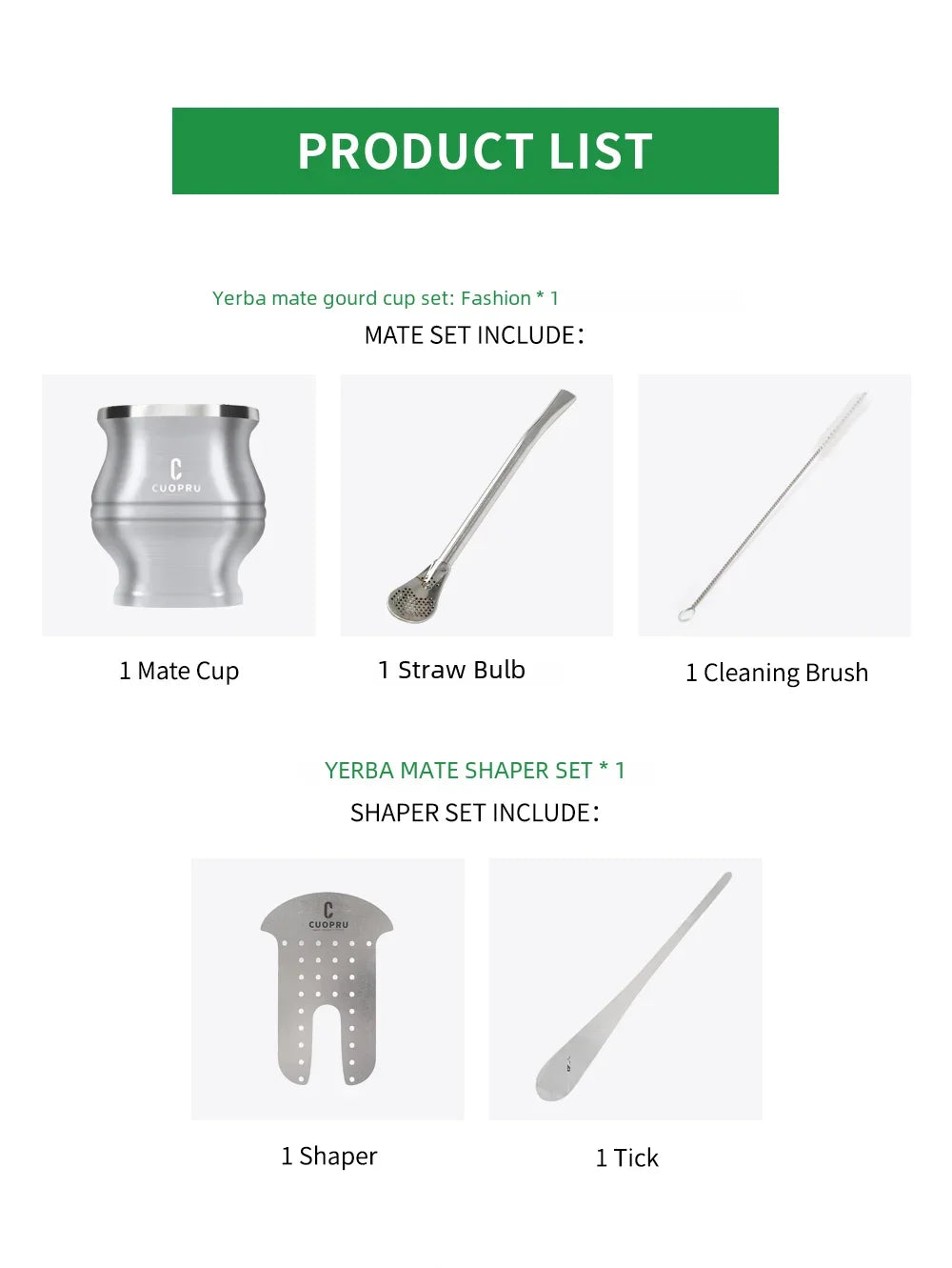 5 in 1 Yerba Mate Cup Set, Include CUOPRU Double Walled StainlMate Gourd, Tea Separator set, Bombillas(Straw) and Cleaning Brush