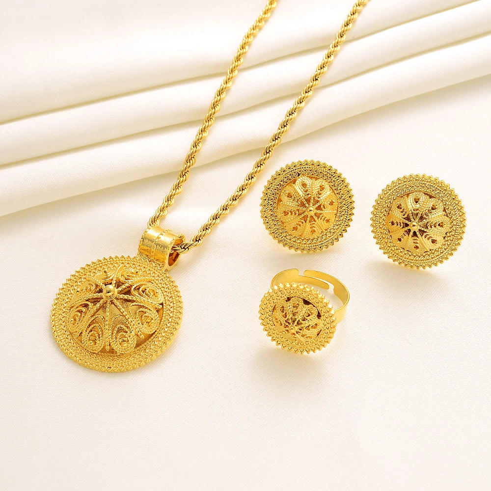 24K Gold Plated Fashion Ethiopian Earrings/Pendant/Ring Jewelry Sets Gold Plate Africa Bride Wedding Eritrea Set Gift