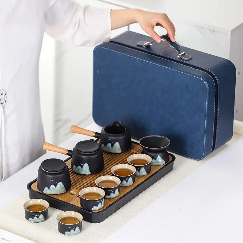11pcs Japanese Travel Tea Set with Teapot Tea Cups And Bamboo Tray Hand-Painted Ceramic Tea Set with Gift Box And Storage Box