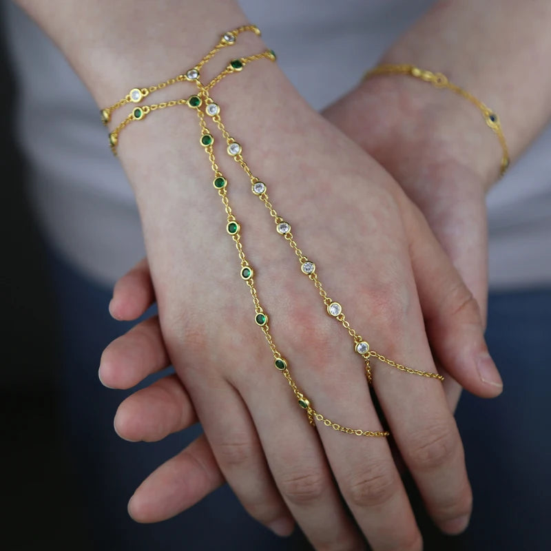 2023 Summer Jewelry Pendant Link Chain Ring Bracelet for Women White Green Blue Stone CZ Gold Plated Adjust Bracelet Accessories
