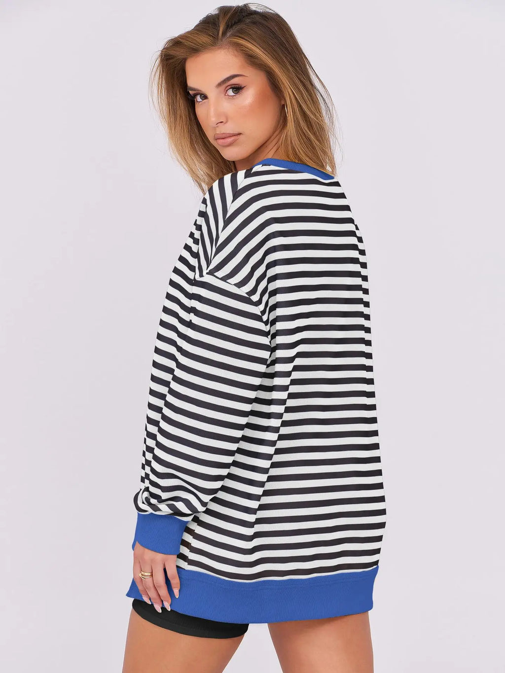 2026 Spring Sweatshirts Women Sweatshirt Tops V Neck Full Sleeve Y2k Streetwear Work Casual Loose Elegant Striped Top Autumn