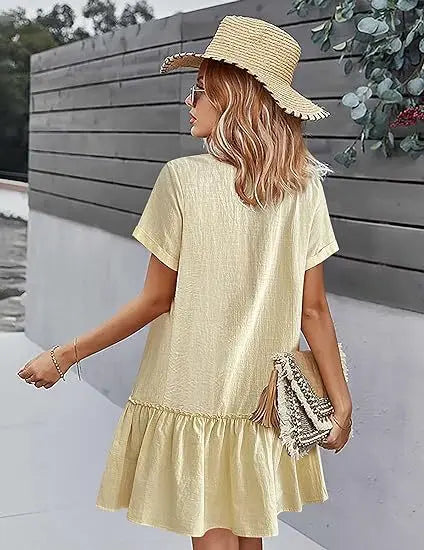 Casual Cotton Linen Summer Mini Dress For Women V-Neck Ruffles Short Sleeve Short Dress Ladies Fashion Loose Button Dresses