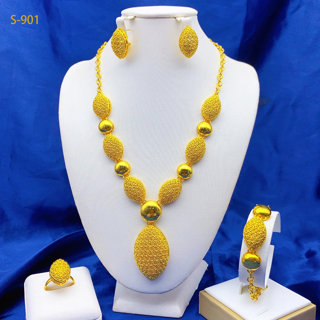 Ethiopian 24k Gold Plated Jewelry Sets for Women Costume Dubai Bridal Round Necklace Earrings Sets Nigerian Wedding Gifts