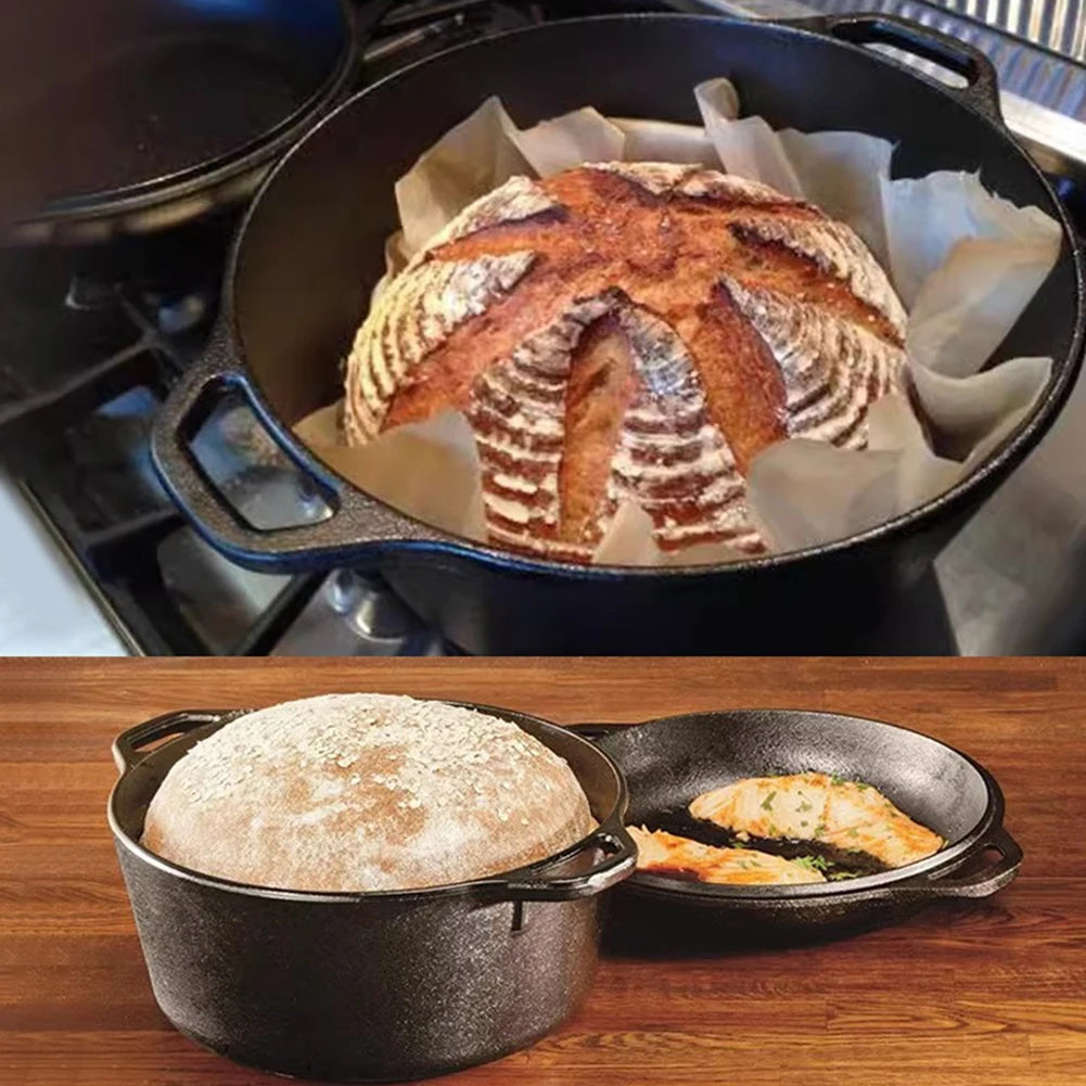 2 in 1 Cast Iron Dutch Oven with Skillet Lid Skillet Cookware Pan Set with Dual Handles for Bread Frying Baking