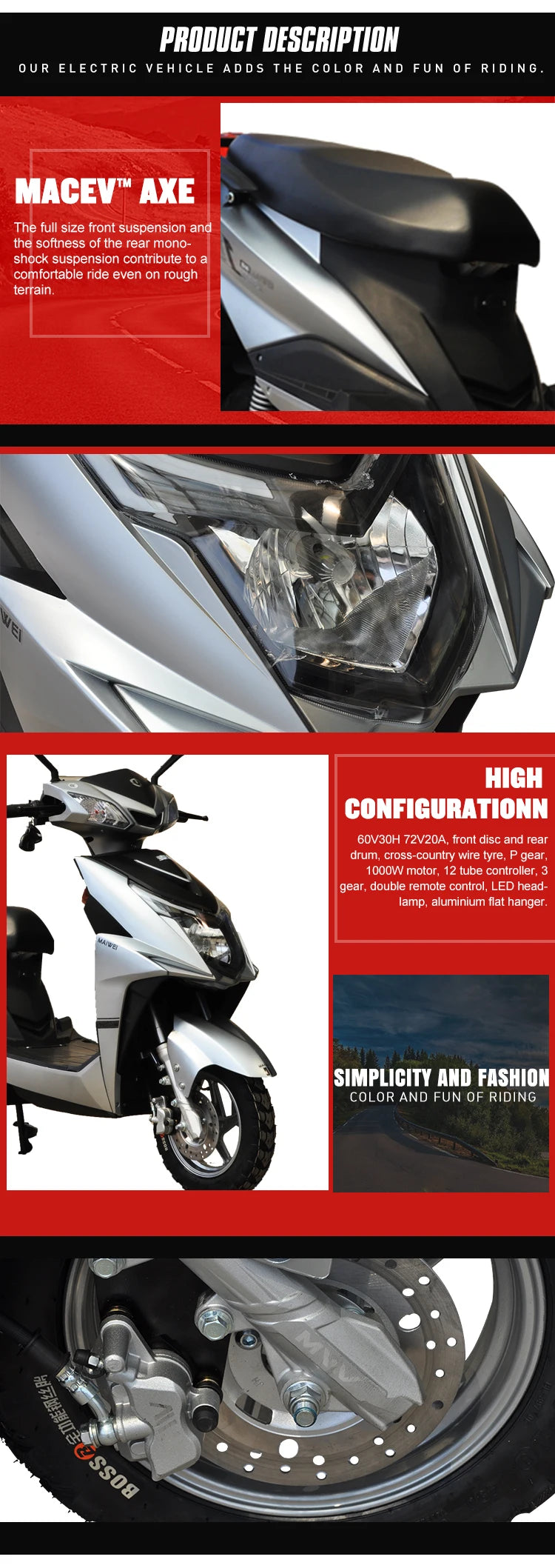 Adult Leisure High Speed Electric Motorcycle Two Wheel 48/60/72 Volt 1000W 1500W 2000W Adult Electric Scooter