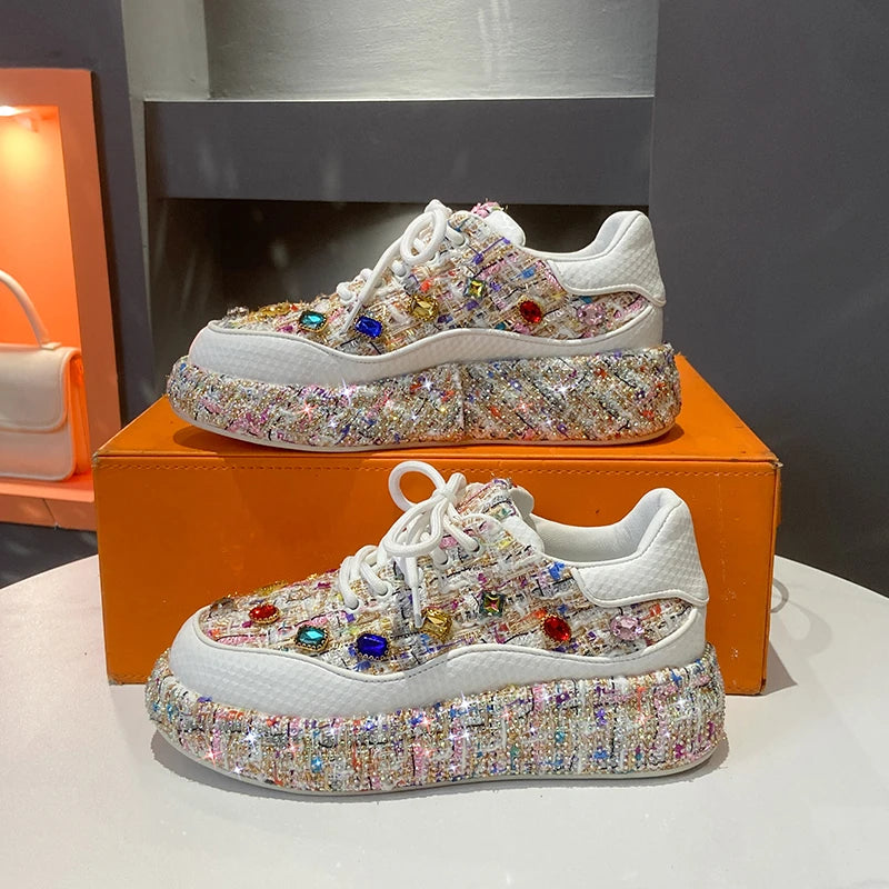 Designer Sneakers for Women 2025 New Spring Shiny Rhinestones Women's Vulcanize Shoes Fashion Autmn Platform Casual Shoes Female