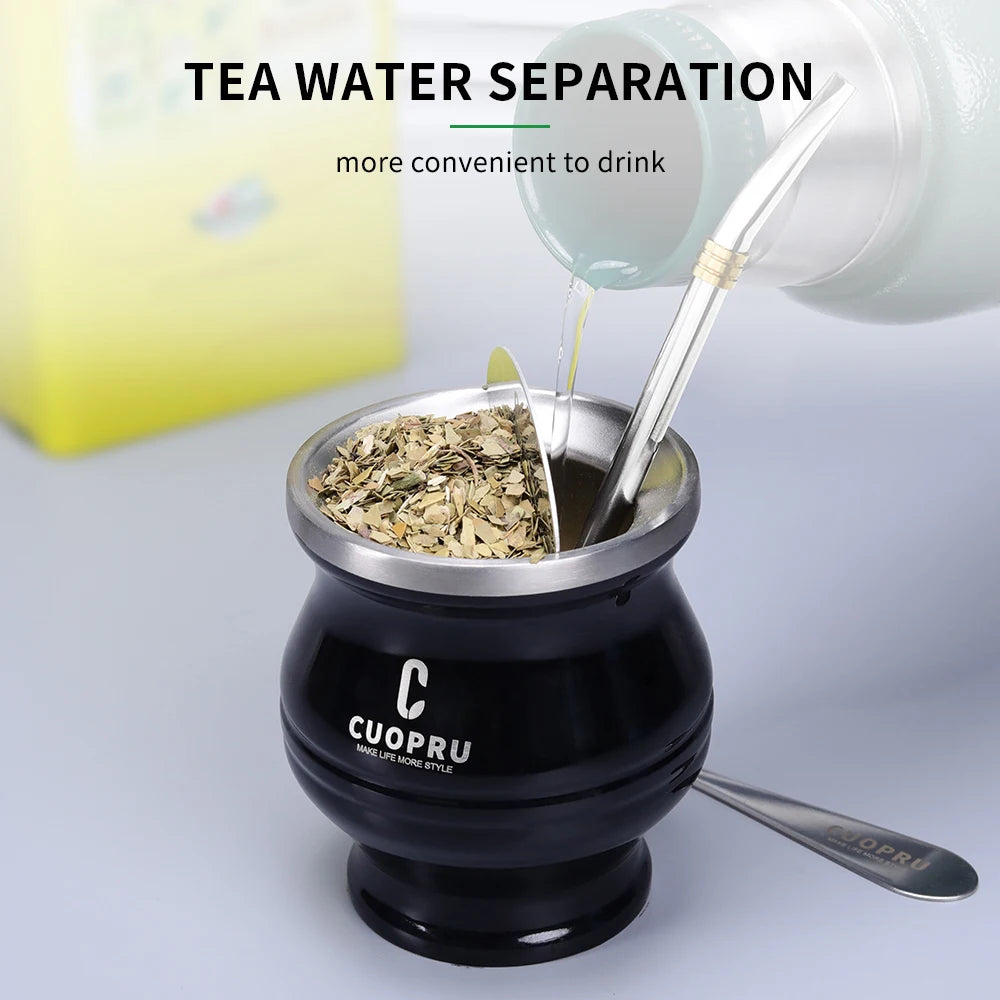 5 in 1 Yerba Mate Cup Set, Include CUOPRU Double Walled StainlMate Gourd, Tea Separator set, Bombillas(Straw) and Cleaning Brush